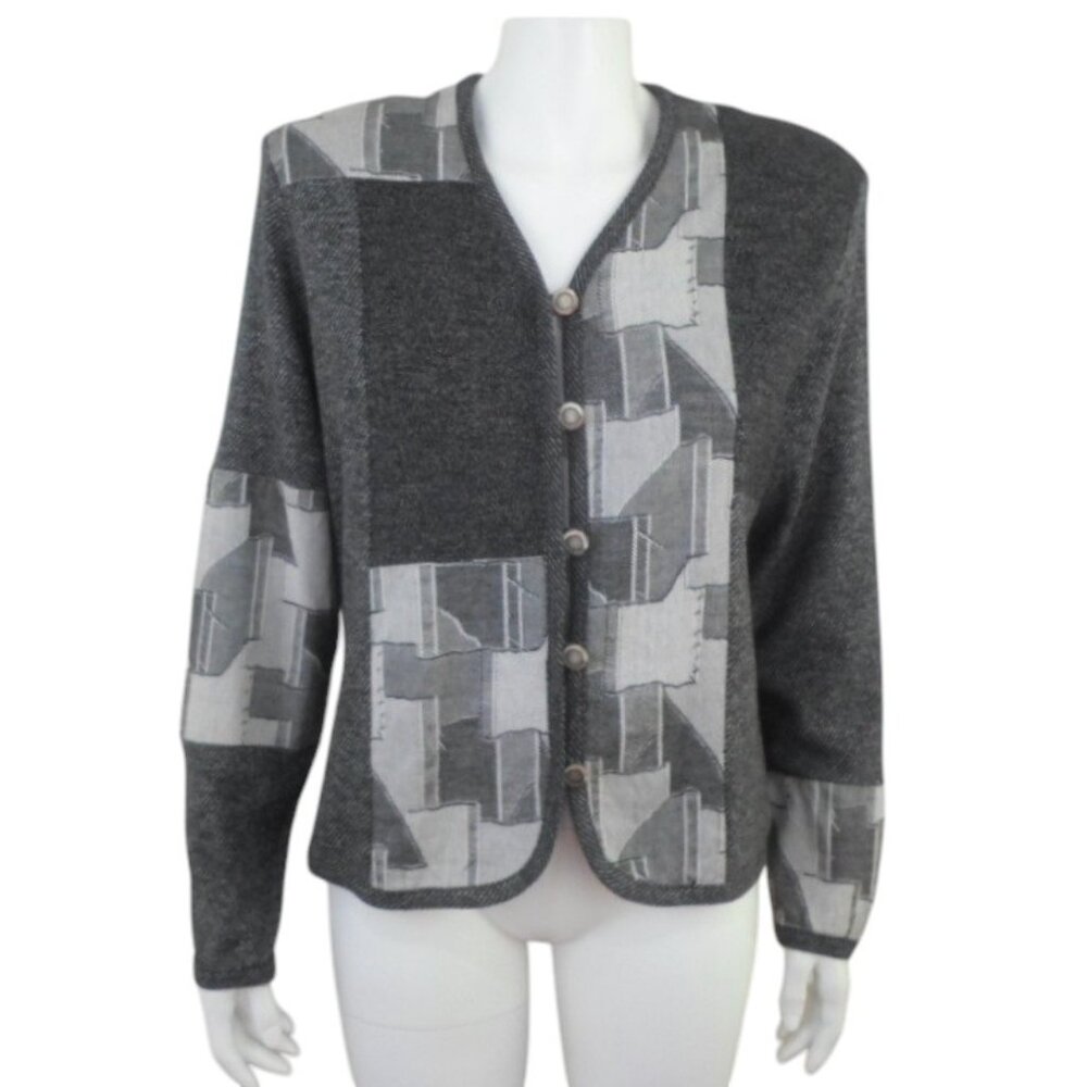 Vintage Peter Popovitch Gray Geometric Patchwork Tweed Sweater Jacket